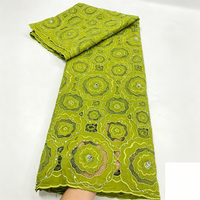 Tissu en dentelle de coton vert sauge de haute qualité avec broderie et embellissement en strass bleus pour textiles de mode africaine