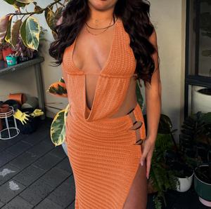 Viviblook Z307ST Conjunto de Dos Piezas de Verano para Mujer, Tejido a Crochet, Ropa de Playa, Sexy, Espalda Descubierta, Top Corto Halter, Falda Larga con Abertura - Product Image 1