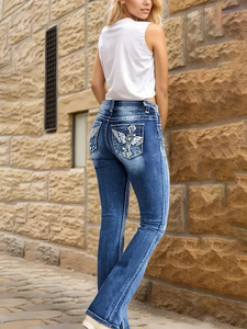 Women's Summer Casual Medium Wash Double <strong>Button</strong> High Waist Wing <strong>Cross</strong> Embroidery Back Pocket Flare Leg Stretch Denim <strong>Jeans</strong> - Product Image 4