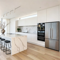Meuble de cuisine avec porte en verre dépoli, éclairage d'ambiance diffuse, étagère ouverte, unité de présentation
