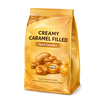 Sachet souple personnalisé imprimé 3,5g pour bonbons durs fourrés au caramel crémeux, refermable avec fermeture éclair, qualité alimentaire