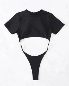 Traje de baño con Tanga para mujer al por mayor, traje de baño con logotipo personalizado, bañador sexy de manga corta con huecos, bañador de una pieza estampado en general - Product Image 6