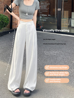 Pantalon large en lin bleu marine, pantalon décontracté pour femme, style preppy, taille haute, coupe droite, en coton et lin, idéal pour l'été