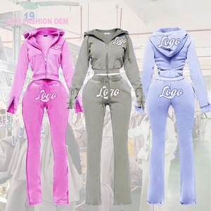 Completo Sportivo da Donna 2 Pezzi con Logo Personalizzato, Pantaloni Lunghi con Zip, Lavaggio Acido, <span class=keywords><strong>Autunno</strong></span> <span class=keywords><strong>Inverno</strong></span> - Product Image 1