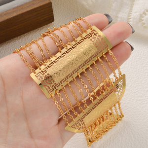 18k gold vintage anti tarnish fringe <b>chain</b> trapezoid hollow carved panel oversized durable fashion plated necklace - Product Image 2