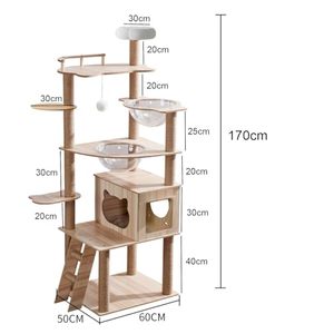 Wholesale 67 Inch Wooden Tower OEM ODM Custom Logo 14 Sisal Posts Condo Stairs 2 Bowls Padded Platform Toy Balls Carton - Product Image 4