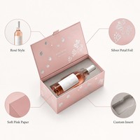 Boîte cadeau personnalisée pour vin rosé, boîte rigide rose pâle avec feuille d'aluminium argentée, emballage pour une seule bouteille de vin rosé