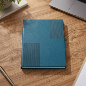 Elegant Blue Leather Composition Book Hardcover with Textured Panels Design PU Leather <b>Diary</b> with <b>Custom</b> Metal Plate - Product Image 3