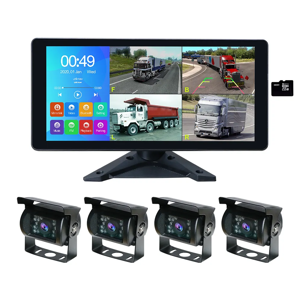 10,36 дюймов, 4-канальный Разделенный экран, Автомобильный видеорегистратор MP4 с AHD, Передняя Задняя резервная камера для грузовика/автобуса/прицепа/RVs