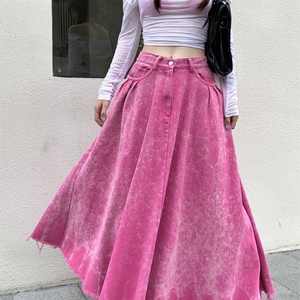 Latest Design Custom Logo Vintage Washed Casual Denim Skirt Pink Color Women Long <b>Jean</b> Women <b>Jean</b> Skirts - Product Image 5
