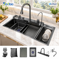 Évier de cuisine intelligent multifonctionnel en acier inoxydable 304, design moderne, à cuve unique, avec robinet cascade à touches de piano, fabrication industrielle