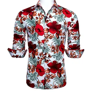 工厂供应商定制丝绸时尚夏威夷沙滩印花长袖红色男式碎花衬衫