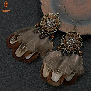 Boucles d'oreilles fantaisie rétro bohèmes à plumes et pompons, boucles d'oreilles attrape-rêves en filigrane pour festival de musique - Product Image 2