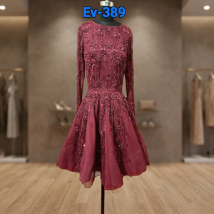 Designer Romantic O-Neck Evening Dress for Women Beaded Knee-Length Party Gown with Natural Waistline and Sustainable Features - Product Image 3