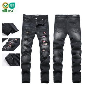 Jeans droits extensibles noirs de nouvelle conception, fabriqués à la main, déchirés, patchwork, peinture éclaboussée, bouton, lavés pour hommes, fournis par l'usine - Product Image 1