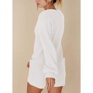 Combinaison courte en tricot pour femme, manches longues, col à revers, moulante, blanche, avec poches, tenue décontractée - Product Image 2