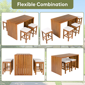 Outdoor Bar <b>Set</b> Acacia Wood Bar Height <b>Table</b> With Four <b>Stools</b> Cushions Patio Dining Furniture For Backyard - Product Image 4