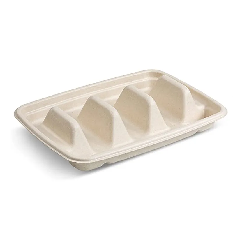 Gran oferta, bandeja de soporte biodegradable para tacos, bandeja desechable para tacos de caña de azúcar para llevar, platos de caja para llevar Taco