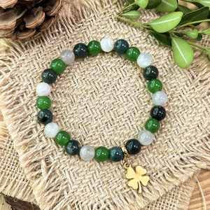 Gaya Boho empat daun semanggi liontin 8mm batu akik putih alami & lumut batu akik manik-manik beruntung gelang untuk wanita - Product Image 4