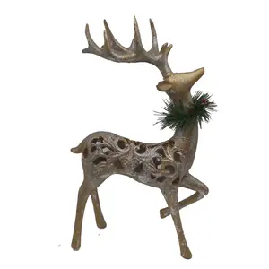 2021 New Polyresin Christmas Standing Hollow Pattern Gold reindeer Decoration Statue gifts and crafts