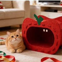 Nouvelle Tanière pour Chat en Feutre Rouge en Forme de Pomme, Style Tunnel Respirant Semi-fermé, Lit d'Intérieur Toutes Saisons pour Animaux de Compagnie