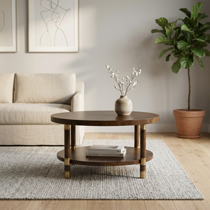 Table basse ronde en bois mobile avec étagère inférieure, design traditionnel, apparence moderne, fonction de rangement pour salon - Product Image 3