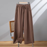 Pantalon large en coton et lin pour femme, style japonais, taille haute, grande taille, avec cordon de serrage, coupe droite, décontracté