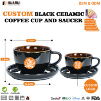 Ensemble de tasses à café et soucoupes en céramique avec logo personnalisé, vente en gros, tasse à cappuccino noire, OEM ODM pour café, restaurant, hôtel, cadeau
