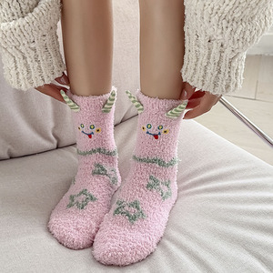 Wholesale OEM Winter Thick Warm Fuzzy <strong>Fluffy</strong> Coral Velvet Sleep <strong>Socks</strong> 3D <strong>Cute</strong> Embroidery Women Cozy <strong>Socks</strong> - Product Image 2