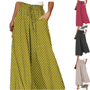 Pantalon d'été bohème ample et respirant à taille élastique, imprimé à pois, longueur cheville - Product Image 1