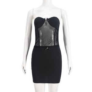 Femmes Y2K <span class=keywords><strong>Style</strong></span> 2 pièces Club tenues été <span class=keywords><strong>Chic</strong></span> taille élastique jupe courte haut court genou longueur décontracté solide tricot tissu - Product Image 4