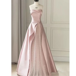 Zarif pembe saten tül katmanlı off-omuz abiye yarık pileli kolsuz resmi elbisesi Quinceanera önlük - Product Image 5
