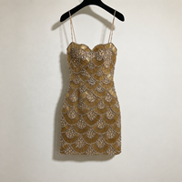 Robe courte de soirée élégante Serene Hill LA73733 en or avec perles, bretelles spaghetti, style bodycon, pour femmes