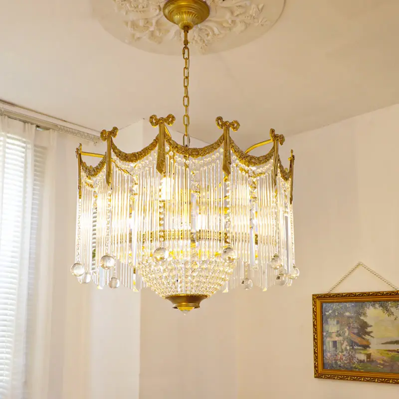 Candelabro Mariso Retro francés, lámpara de araña con borlas y lazo de cobre, colgante de cristal para sala de Estar, comedor, vestíbulo