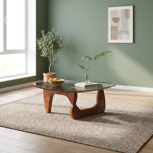 Table basse moderne en bois avec plateau en verre trempé, design mi-siècle, meubles de salon faits à la main - Product Image 4