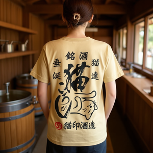 T-shirt con gatto, motivo gatto che gira sul grano, manica corta, unisex, design giapponese con gatto e birrificio di sake - Product Image 3