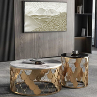 Mesa de Centro Redonda de Acero y Vidrio de Lujo Personalizada con Diseño de Escamas de Pescado, Acero Inoxidable y Mármol para Combinación en Sala de Estar