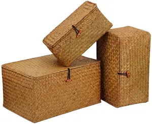 Set of 3 Woven Natural Seagrass Storage Bins with Lid Large Seagrass Basket for Shelf Organizer luggage and picnic basket