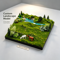 Modèle de paysage architectural personnalisé avec terrain, éléments aquatiques et figurines d'animaux