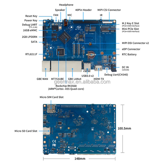 Banana Pi BPI-R2 Pro Router Board With Rockchip RK3568 Chip Design Quad-core A55 CPU 2GHz 2G DDR3 SDRAM Onboard 16GB eMMC Flash