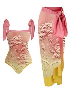 JSN9203880 2023 Traje <span class=keywords><strong>de</strong></span> baño <span class=keywords><strong>de</strong></span> moda Floral Petal Beachwear Colorblock Print Conjunto <span class=keywords><strong>de</strong></span> traje <span class=keywords><strong>de</strong></span> baño <span class=keywords><strong>de</strong></span> una pieza con sarong largo - Product Image 3