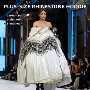 Sweat-shirt à capuche long pour femmes grandes tailles, en tissu tricoté, avec détails en strass de dessin animé, respirant, doublé, style streetwear - Product Image 2