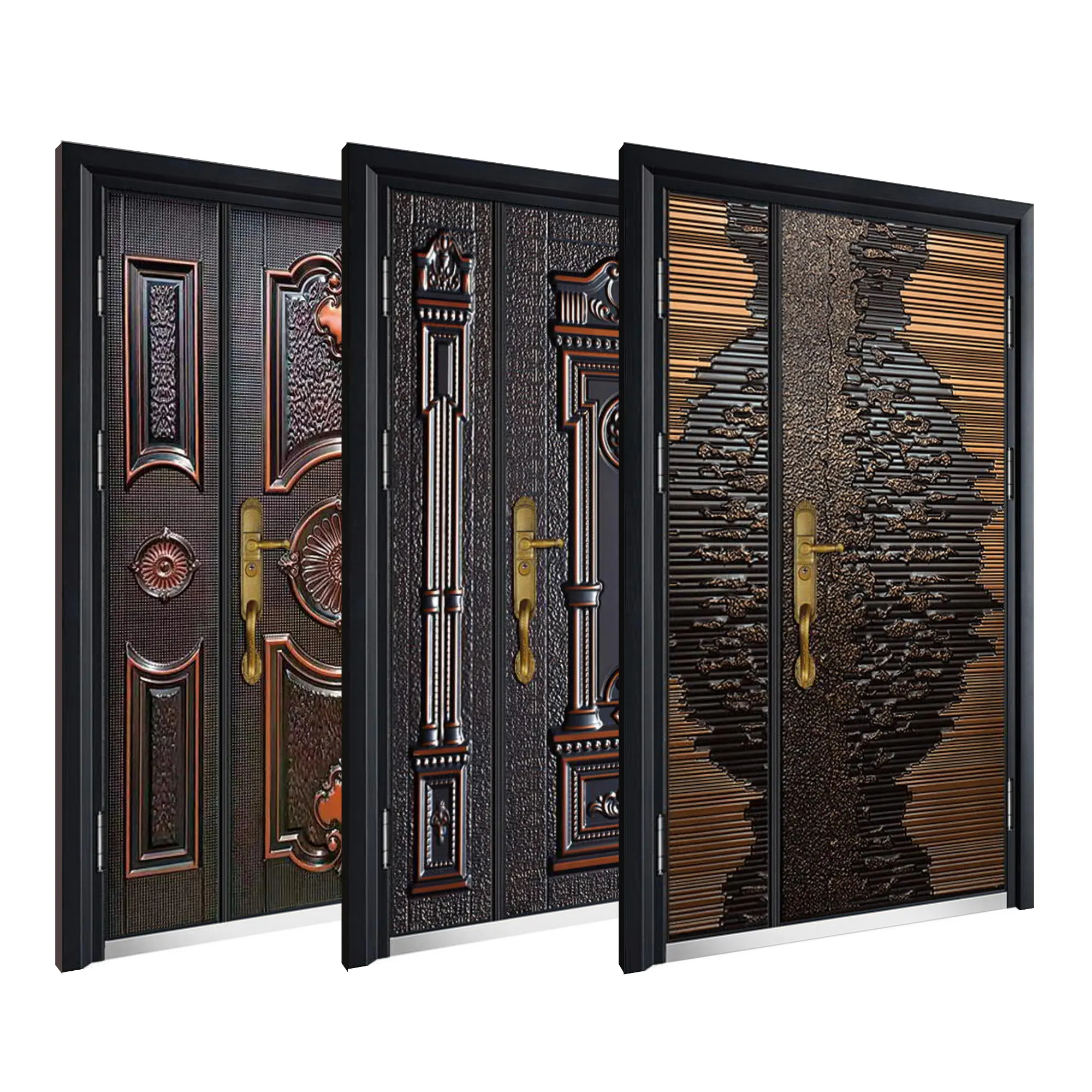 Porte d'entrée en cuivre gaufré en aluminium moulé, portes de sécurité mère et fils Porte de sécurité à Double feuille pour la maison