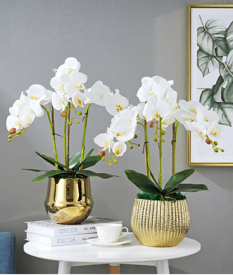 Flores artificiais Phalaenopsis brancas com toque real 3D, flores artificiais para orquídeas de seda com 9 cabeças, flores para orquídeas Phalaenopsis