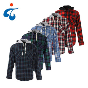 Custom Logo Wholesale <strong>Checked</strong> Hooded 100% Cotton Long Sleeve Casual Men Plaid <strong>Hoodie</strong> Flannel <strong>Shirt</strong> - Product Image 1