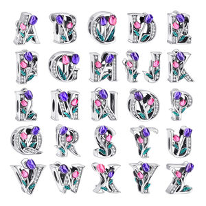 Capital Letter A-Z <strong>Charm</strong> 925 Sterling Silver Pink Purple Tulips Letter Enamel Initial Bead Alphabet <strong>Charm</strong> for Original Bracelet - Product Image 1