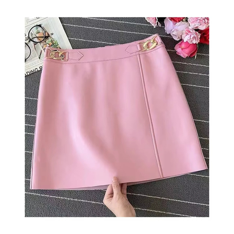 99107 Summer New Stylish Fashion Female a Line Causal Slim Pink Genuine Leather Skirt for Women