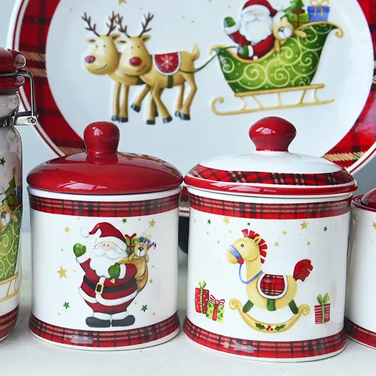 크리스마스 영국 빨간 격자 무늬 산타 썰매 엘크 세라믹 귀여운 선물 휴일 장식 세트