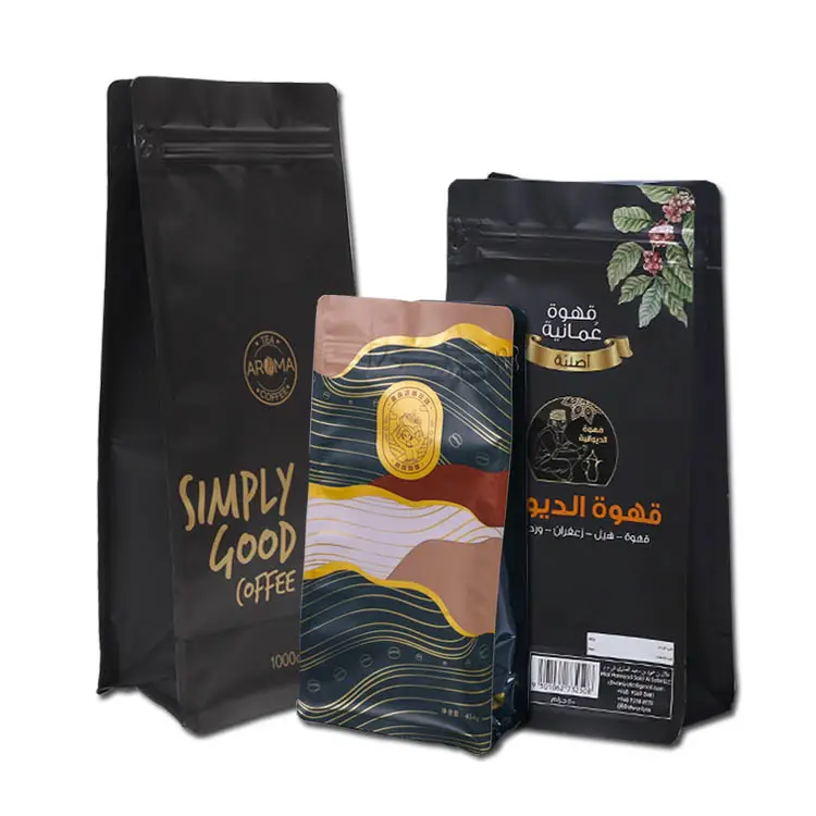 Bolsas de embalaje de granos de café octogonales impresas personalizadas, bolsas de café de fondo plano selladas de ocho lados con cremallera y válvula