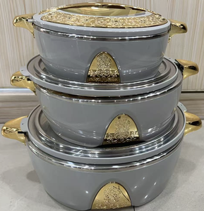 Ensemble de 3 casseroles isothermes de luxe couleur unie 1,5L 2,5L 4L, chauffe-plats isolés avec bordure florale dorée, boîte de service pour traiteur et réceptions - Product Image 1